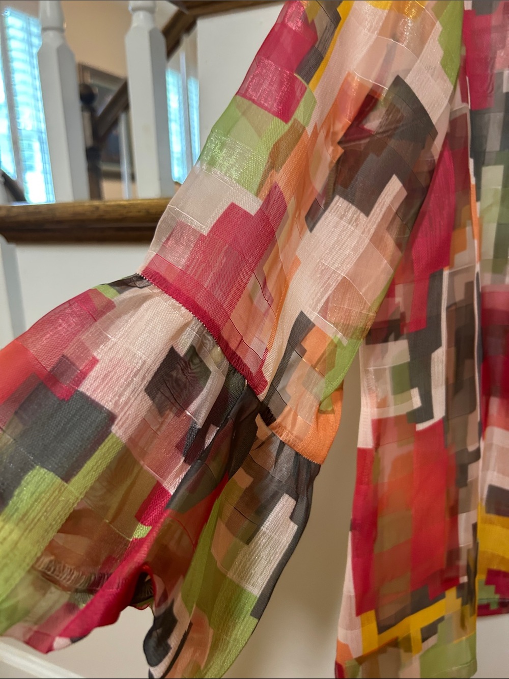 Joseph Ribkoff Size 10 Pixelated Geometric Ruffle-Front Sheer Blouse - Picture 10 of 16